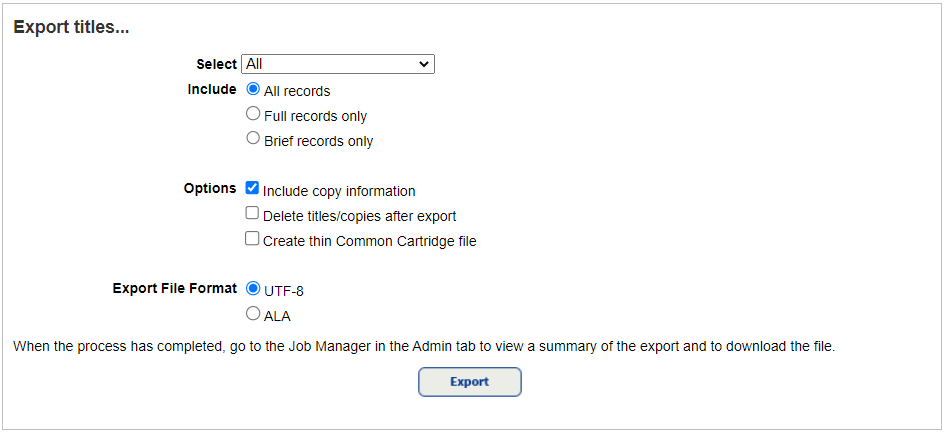 Export Titles page.